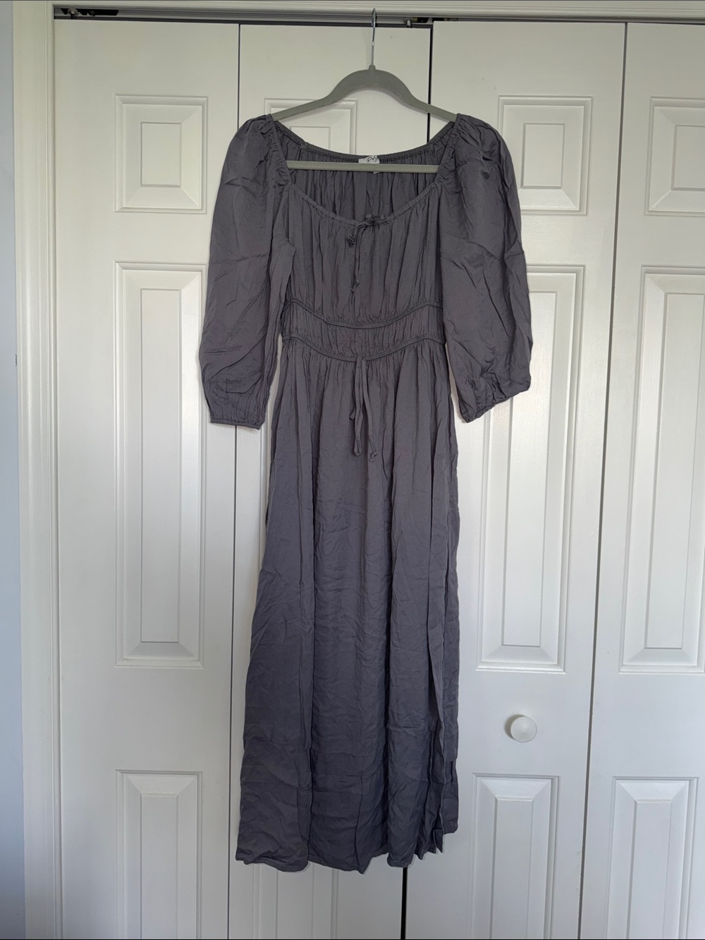 Polagram Purpleish Gray Shirred Maxi Dress with Puff Sleeves